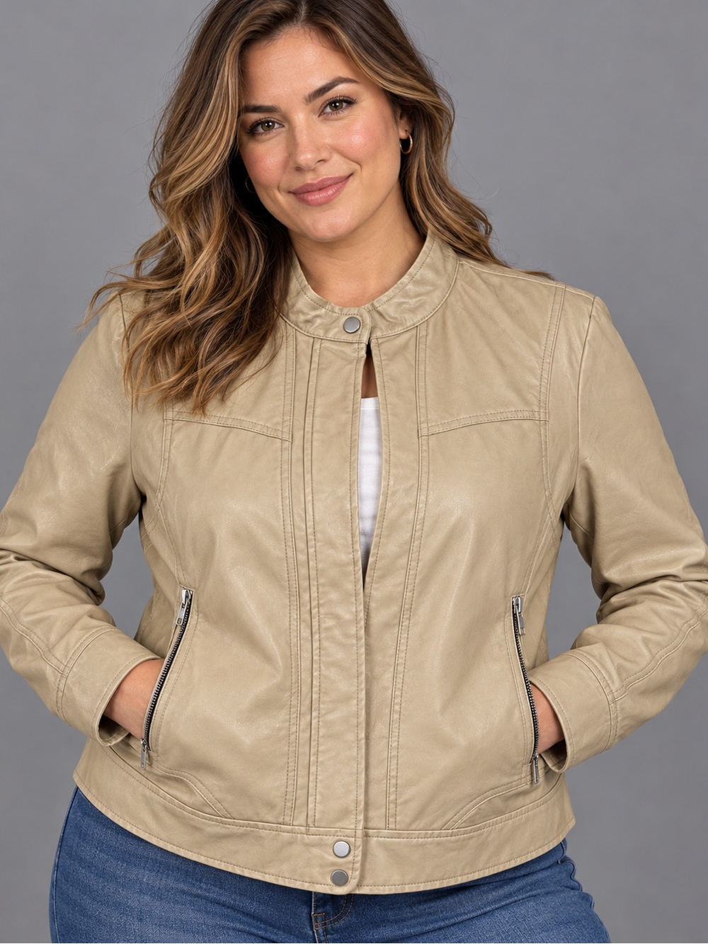 Bernardo Women’s XL Beige Faux Leather Moto Jacket Zip Front Pockets